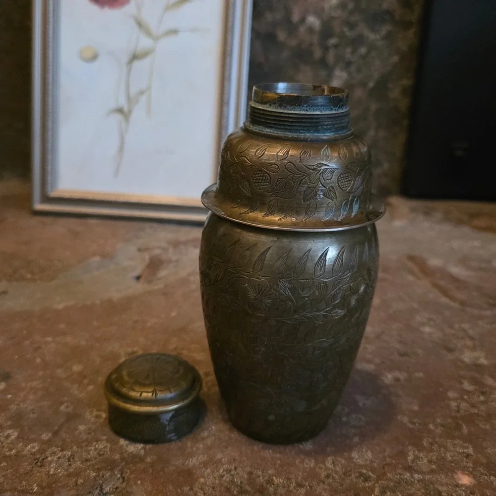 Vintage Etched Brass Martini Shaker Floral Hand Engraved 3 Piece Cobbler Shaker